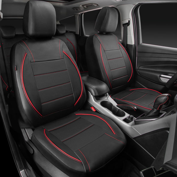 CAR PASS Piping Leather Car Seat Cover, Airbag Compatible,Inside Zipper Design - Full Set, Universal, Black and Red