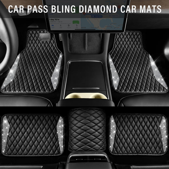 CAR PASS Leather Car Mats, Shining Diamond Anti Slip Floor Mats for Women, 5pcs Black Silver