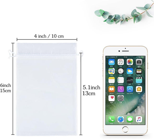 HRX Package 100Pcs White Organza Bags, 4X6 Inch Mesh Bags Drawstring Gift Bags Jewelry Pouches for Candy Wedding Favors Christmas