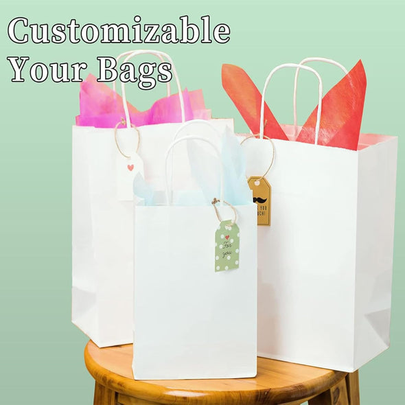 RACETOP White Paper Bags with Handles Bulk 8"X4.5"X10.8" 100Pcs Gift Bags Medium Size, White Gift Bags with Handles, Gift Bag Bulk for Retail, Party, Shopping, Merchandise