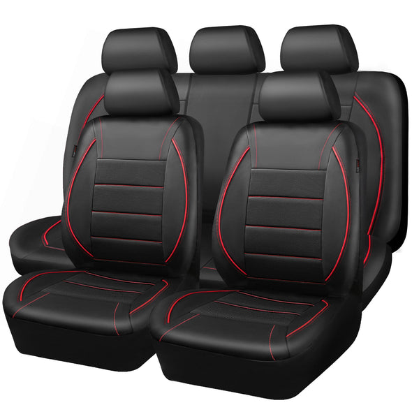 CAR PASS Piping Leather Car Seat Cover, Airbag Compatible,Inside Zipper Design - Full Set, Universal, Black and Red