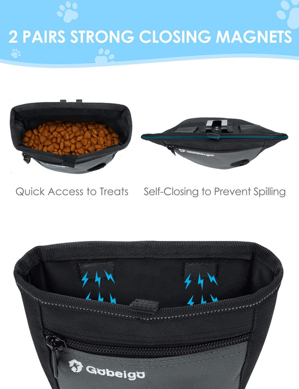 Gobeigo Magnetic Dog Treat Pouch with Training Clicker, Poop Bag Dispenser & Metal Clip Waist Belt, Black/Gray