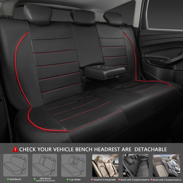 CAR PASS Piping Leather Car Seat Cover, Airbag Compatible,Inside Zipper Design - Full Set, Universal, Black and Red