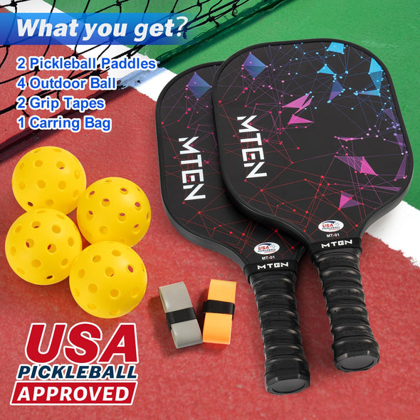 MTEN Pickleball bag Set with 2 pickleball paddles, 4  pickleball, 2 grip tapes, 1 Pickleball bag