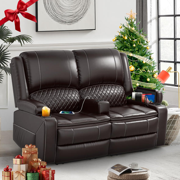Yolsali Faux Leather Loveseat Sofa with Removable Armrest, 2-Tier Cushions, USB Ports, Cup Holder - Brown
