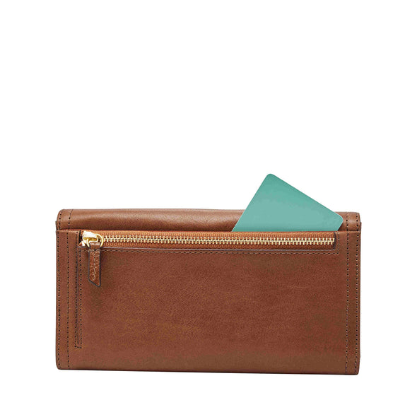 Fossil Women's Logan Leather Wallet RFID Blocking Flap Clutch Organizer, Brown