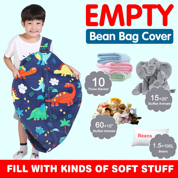 Lukeight Stuffed Storage Bean Bag Chair Cover for Kids, Dinosaur Zipper Beanbag Chair Cover