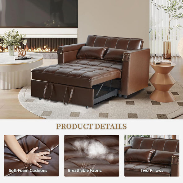 ORRD 3-in-1Faux Leather Sofa Bed with Adjustable Backrest and Hidden Side Table for Living Room 48''