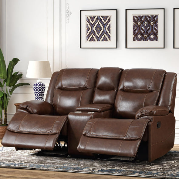 EBELLO Genuine Leather Manual Loveseat Sofa with Cup Holder & Hidden Storage - Brown