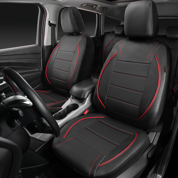 CAR PASS Piping Leather Car Seat Cover, Airbag Compatible,Inside Zipper Design - Full Set, Universal, Black and Red