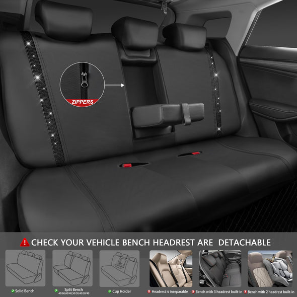 CAR PASS Car Rhinestone Leather Seat Covers Full Set, Rear with Zipper Universal for Cute Women - Black