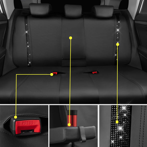 CAR PASS Car Rhinestone Leather Seat Covers Full Set, Rear with Zipper Universal for Cute Women - Black