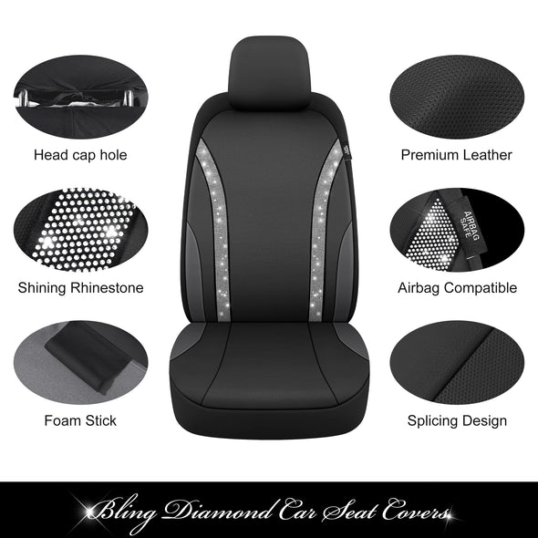 Pariitadin Car Rhinestone Leather Seat Covers Set for Cute Women, Universal - Silver Diamond