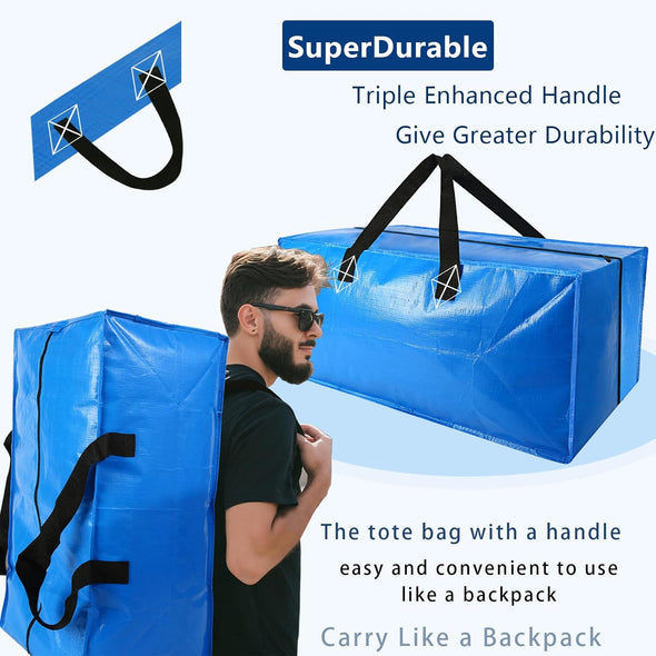4 Pack Heavy Duty Extra Large Moving Bags Storage Tote - Strong Handles& Backpack Straps - Space Saving Storage Bags Alternative to Moving Boxes and Bins,Compatible with Ikea Frakta Cart, Blue