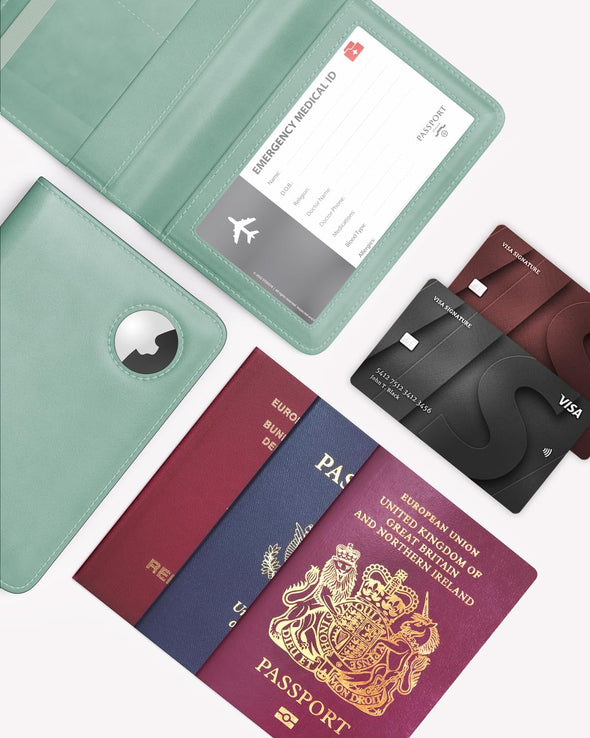 Stouchi Airtag Passport Holder, Cute Passport Holder with Airtag Slot, RFID Passport Wallet Cover for Women, Family Leather Passport Protector Case, Anti-Lost Travel Essentials, Sky Blue