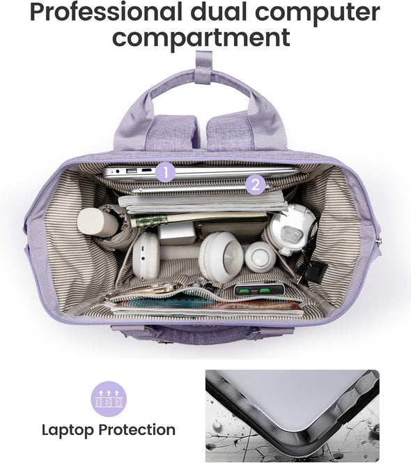 baybby professional laptop backpack LOVEVOOK Lona II Laptop Backpack 15.6" 17.3" with 22 Pockets and Water-Resistant Polyester, Light Purple / 15.6"-Laptop Compartment