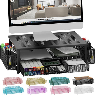 Gianotter Desk Computer Monitor Stand Riser with Drawer and 2 Pen Holder, Desk Organizer, Monitor Stand for Desk, Storage for Classroom Office Supplies Decor (Black)