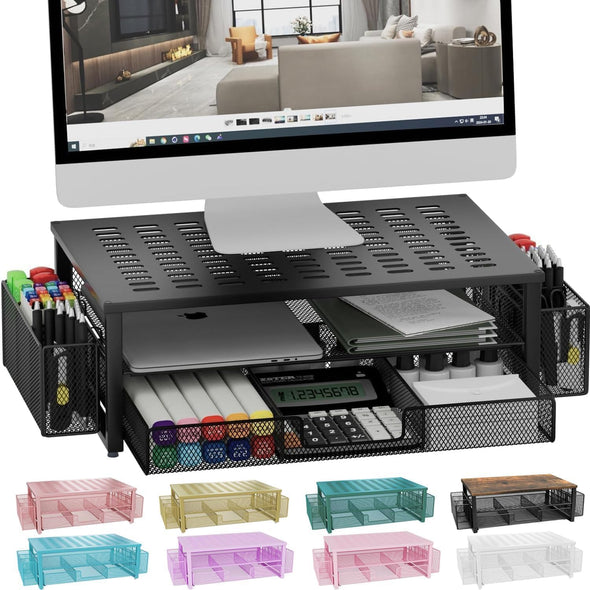 Gianotter Desk Computer Monitor Stand Riser with Drawer and 2 Pen Holder, Desk Organizer, Monitor Stand for Desk, Storage for Classroom Office Supplies Decor (Black)