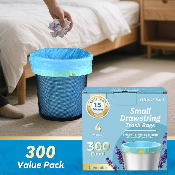 300 Count 15 Micron Extra Thick 4 Gallon Drawstring Small Trash Bags, Sturdy & Tear-Resistant Small Garbage Bags for Bathroom, Office, Bedroom & Kitchen