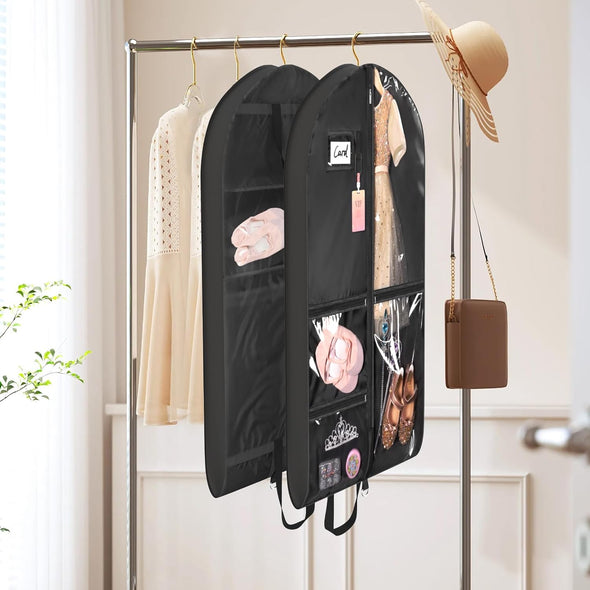 Univivi Dance Costume Garment Bag, 40" Waterproof Hanging Bag for Travel, Kids Clothes Bag with 5 Clear Pockets and Handles for Costumes and Sports, Black