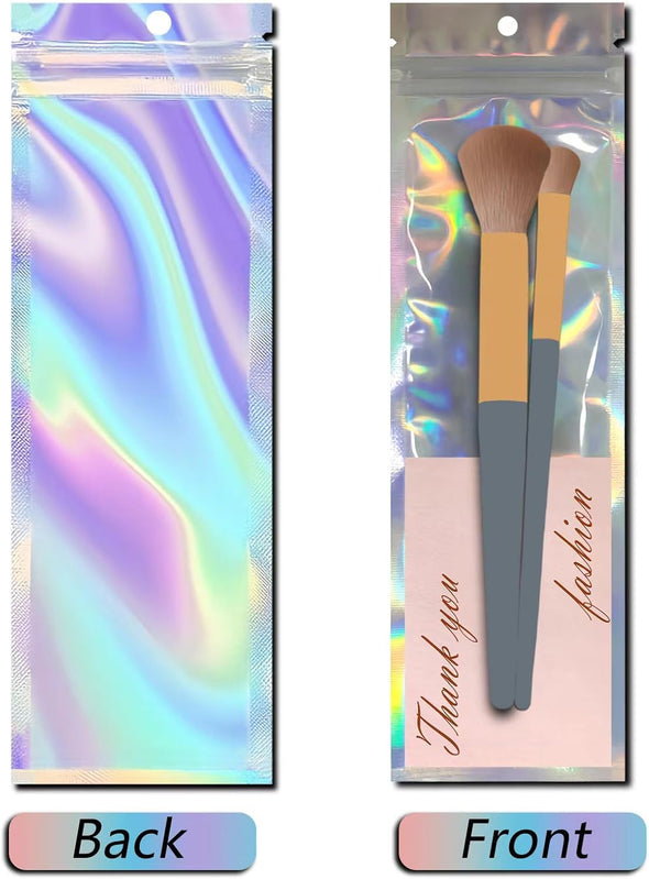 100 Pcs 2.7X9 Inch Holographic Pen Bags - Resealable Smell-Proof Packaging Bags for Party Favors, Food Storage, Cosmetics, Jewelry, Craft Supplies & Lip Gloss