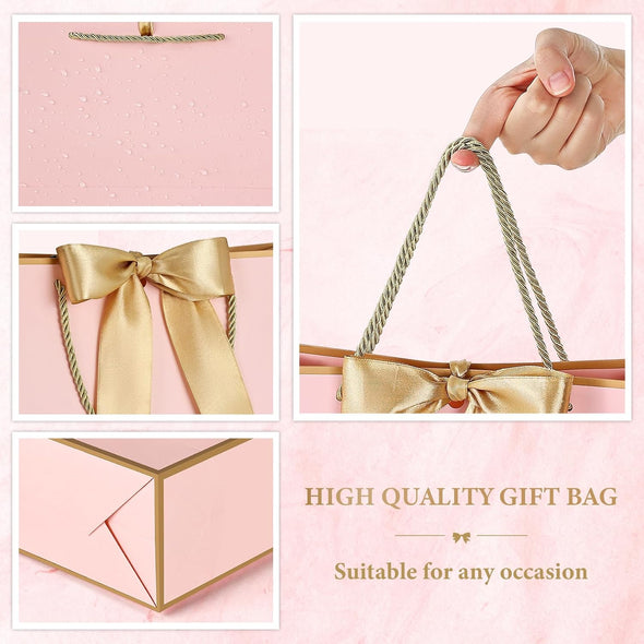 JMANNI Gift Bags, 1PCS Gift Bags Large with Ribbon and 1 Greeting Cards 2 Tissue Paper, Portable Paper Gift Bag with Handles, Birthday Gift Bags,Present Bags for Wedding Party Mothers Day. 12.6''X9.84''X4''(Pinkgolden)