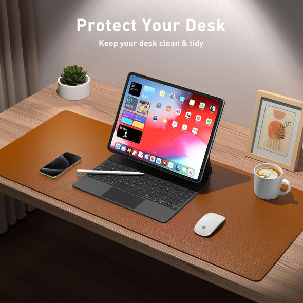 Aothia Leather Desk Pad Protector, Mouse Pad, Office Desk Mat, Non-Slip PU Leather Desk Blotter, Laptop Desk Pad, Waterproof Desk Writing Pad for Office and Home (Brown,23.6" X 13.7")