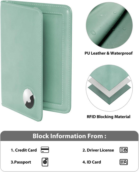 Stouchi Airtag Passport Holder, Cute Passport Holder with Airtag Slot, RFID Passport Wallet Cover for Women, Family Leather Passport Protector Case, Anti-Lost Travel Essentials, Sky Blue