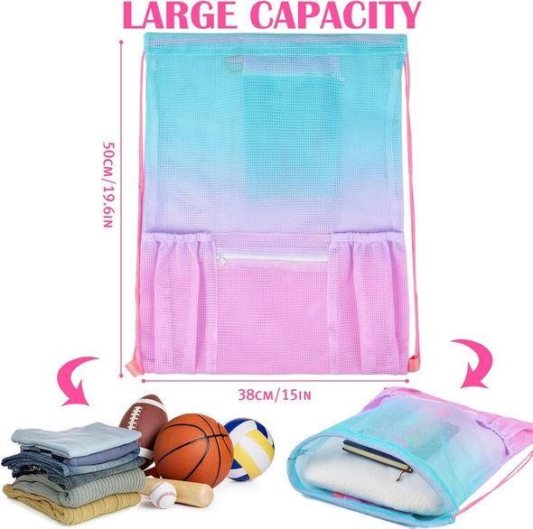 Nidoul Mesh Drawstring Bag with Zipper Pocket, Beach Bag for Swimming Gear Backpack Gym Storage Bag for Adult Kids (Pink Blue)