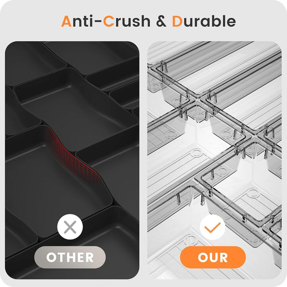 A-Lugei 【Crystal Design】 Clear Desk Drawer Organizer,【Military Grade】 Acrylic Makeup Organizer, Bathroom Organizers and Storage, Drawer Divider for Office Kitchen Bedroom Vanity Jewelry Pantry Garage