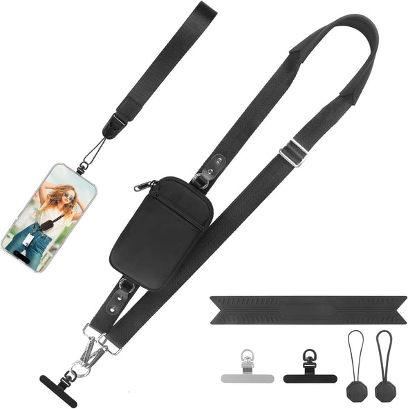 Clip and Go Strap for Phone with Wallet Crossbody (Detachable RFID Blocking Wallet) - Adjustable Phone Strap W/Soft Silicone Pad, Universal Phone Lanyard with 360° Rotatable Tether Tabs for All Phones