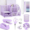 Purple Office Desk Accessories Supplies, 12Pcs Desk Organizers and Accessories with Tape Dispenser and Stapler,Staples,Staple Remover,Pen Holder,Scissor,Ruler,Sticky Tabs,Tape,Ballpoint Pen,Clips Set