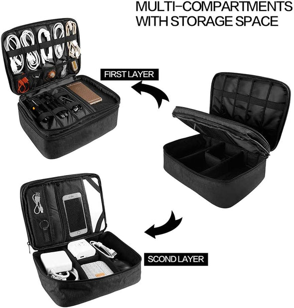 Travel Electronics Organizer, Waterproof Cable Organizer Bag for Electronic Accessories Double Layer Large Shockproof Cable Storage Bag for Cord, Power Bank, Tablet(Up to Ipad 11 Inch) - Black