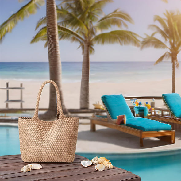 Woven Tote Bag Womens Purse: Vegan Leather Shoulder Handbags - Fashion Summer Beach Tote Bags - Large Travel Totes