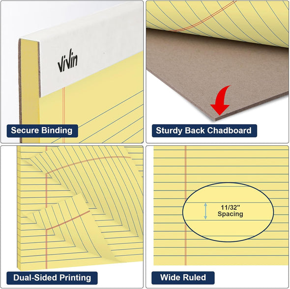 Vivin Legal Pads 8.5 X 11 Inch, Wide Ruled Note Pads, 12 Pack, 50 Sheet/Pad, Perforated Writing Pads, Notepads for Office Home School, 600 Sheets, Canary Yellow Paper