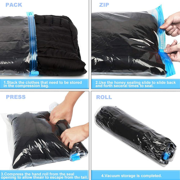Compression Bags for Travel - Essentials 12 Pack Space Saver No Vacuum or Pump Needed Storage Accessorie and Home Packing Organizers (Transparent)