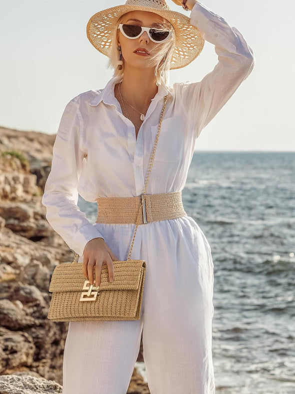 SWEETV Straw Purse Woven Beach Bag Summer Straw Clutch Purse Boho Crossbody Bags for Women Small Raffia Shoulder Bag