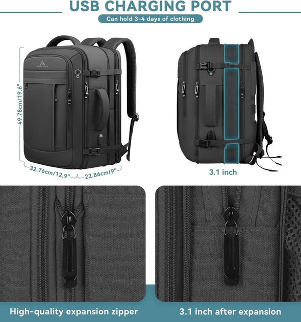 Travel Backpack, 50L Expandable Extra Large Laptop Backpack, Carry on Backpack Airline Approved Water Resistant Business Suitcase Daypack Bag Fits 17 Inch Laptops, Travel Gifts for Men Women, Black