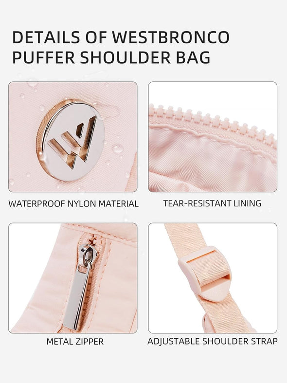 WESTBRONCO Small Puffer Crescent Shoulder Bag for Women, Nylon Quilted Shoulder Purses, Puffy Handbags with Adjustable Strap