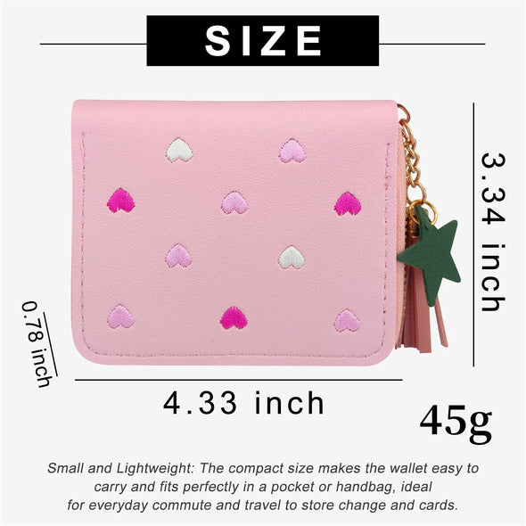 Womens Wallet with Zipper, PU Leather Women'S Wallet with Card Slots, Credit Card Holder Small Wallet with Heart-Embroidery Cute Wallet with Star Tassels Pendant