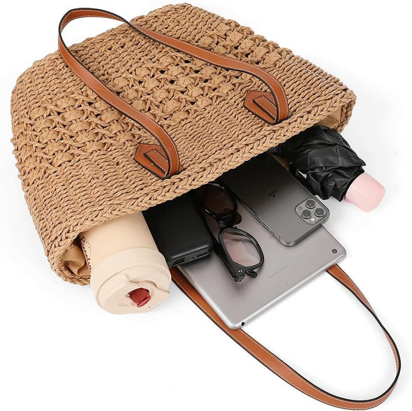 Women'S Straw Shoulder Bag Large Rattan Woven Totes Summer Travel Beach Handbag Handmade Top Handle Purse