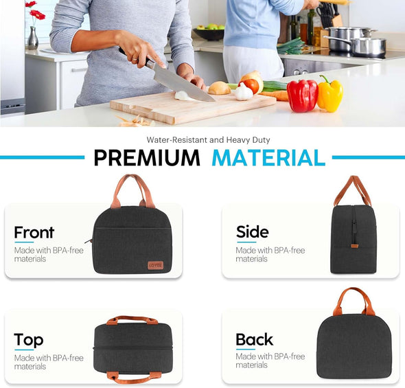 Lunch Bag Lunch Box for Women & Men, Large Capacity Insulated Lunch Bag for Adult, Leakproof Reusable Lunch Tote Bags for Work/Office/Travel/Picnic (Black)
