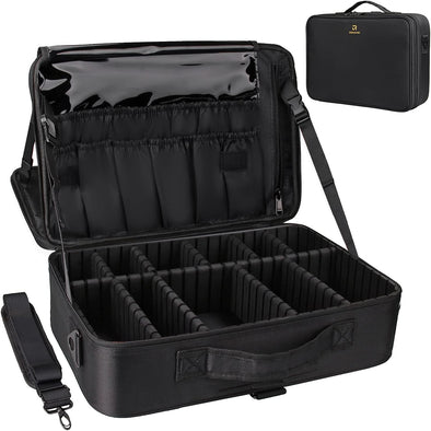 Relavel Makeup Case Large Makeup Bag Professional Train Case 16.5 Inches Travel Cosmetic Organizer Brush Holder Waterproof Makeup Artist Storage Box, 3 Layer Large Capacity, with Adjustable Strap