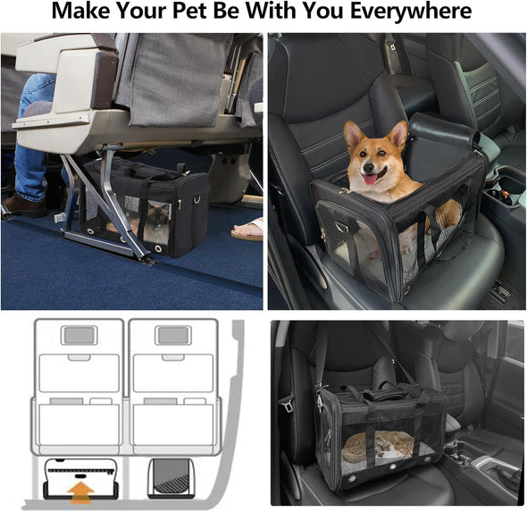Soft Sided Cat/Dog Carrier,Collapsible Pets Travel Carriers for Pet/Puppy with Shoulder Strap & Removable Mat,Mesh Top Load Small Dogs/Cats Carry Bag up to 17 Lbs TSA Airline Approved（Black,M）