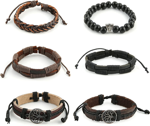 HZMAN Genuine Leather Tree of Life Bracelets Men Women, Tiger Eye Natural Stone Lava Rock Beads Ethnic Tribal Elastic Bracelets Wristbands