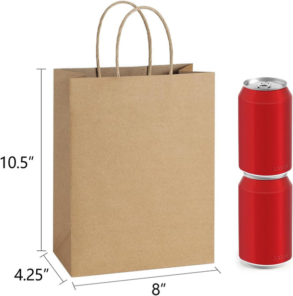Bagdream 50Pcs Gift Bags 8X4.25X10.5 Kraft Paper Gift Bags with Handles Bulk, for Shopping, Retail, Merchandise, Party Favor, Wedding, Birthday Brown Paper Sacks
