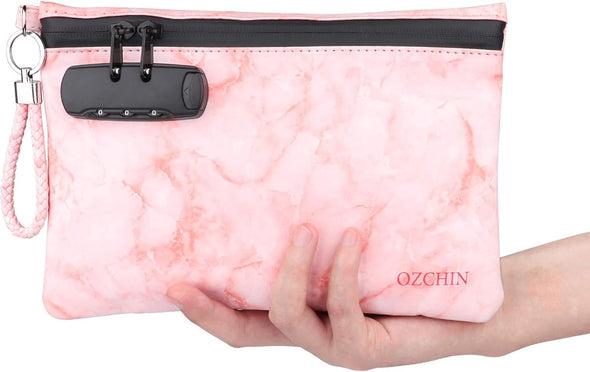 OZCHIN Smell Proof Bag with Combination Lock Certificates Organizer PU Leather Lock Bag Travel Storage Case 10 X 7 Inches Great Christmas Gifts for Women(Pink)