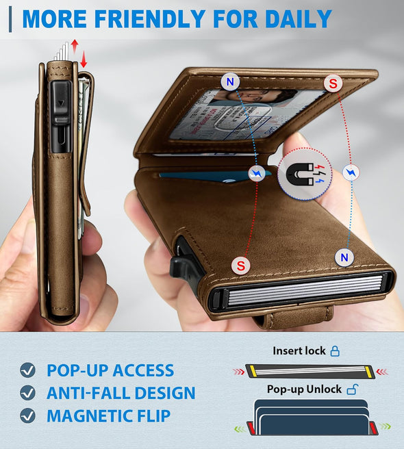 Airtag Wallet Mens Wallet with Money Clip Gift Boxed,Slim Front Pocket Wallet RFID Blocking Pop-Up Card Case in Magnetic Leather Flip