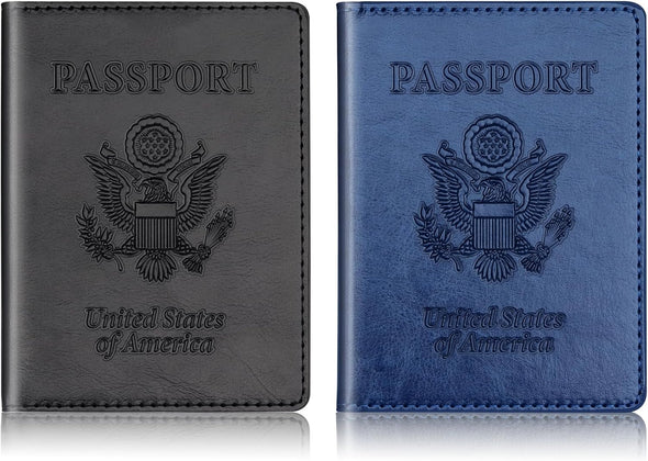 Herain Black & Dark Blue Passport Holder for Travel, Passport Cover Wallet Case 2 Pack Women Men Family Cruise Ship Essentials, Passport Book Holders Travel Vacation Must Haves