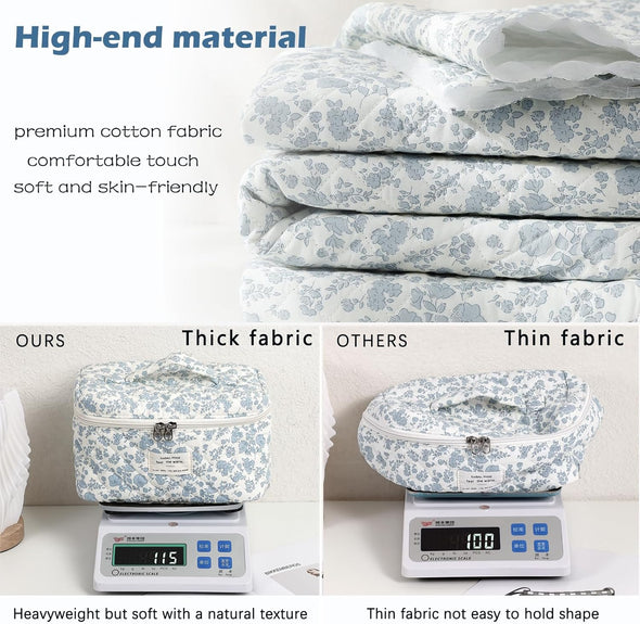 Uekeboag Large Travel Quilted Makeup Bag for Women, Floral Cotton Cosmetic Bag, Coquette Aesthetic Floral Toiletry Organizer Bag